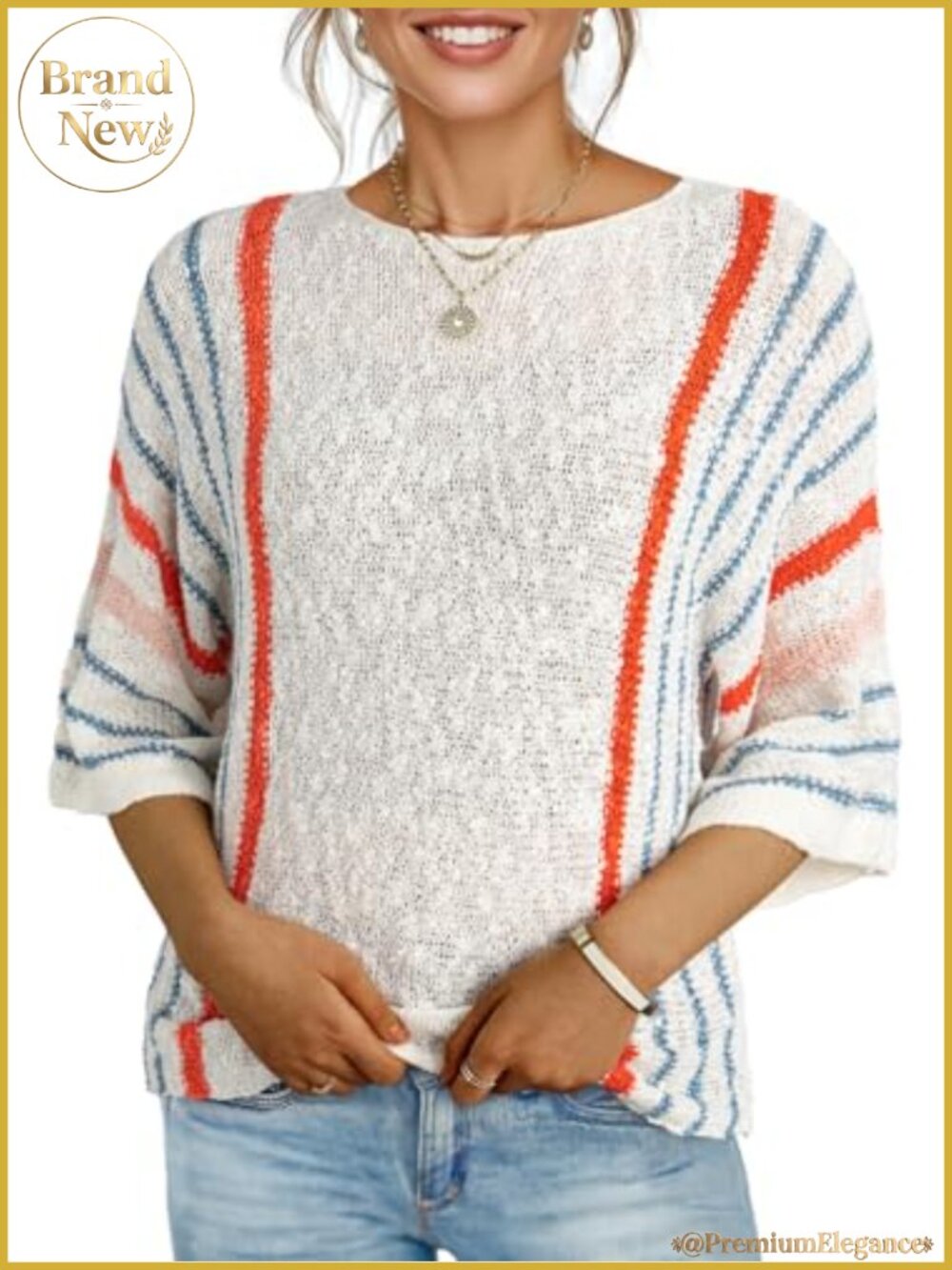 Women's 3/4 Sleeve Cable Knit Pullover Sweater Loose Fit